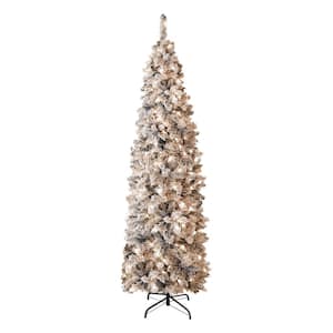 6.5 ft. Pre-lit Christmas Tree Slim Pencil Artificial Flocked Tree with Warm White Lights, White