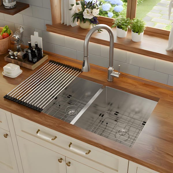 33 in. x 19 in. Undermount Double Bowl (50/50) 16 Gauge Stainless Steel Kitchen Sink with 9 Inch Deep Basin