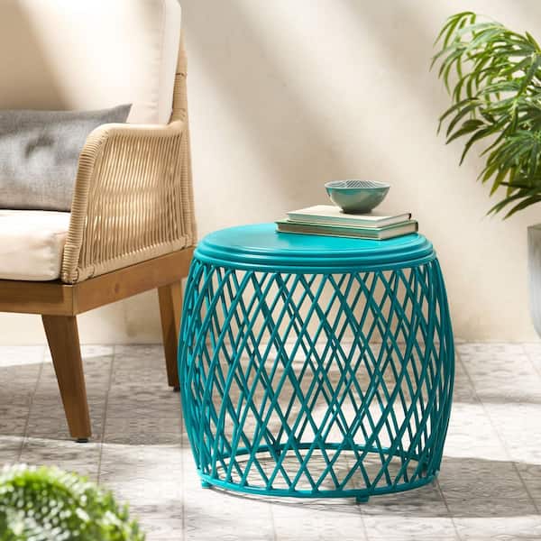 Teal Iron Outdoor Side Table with Diamond Lattice Design, No Assembly Required
