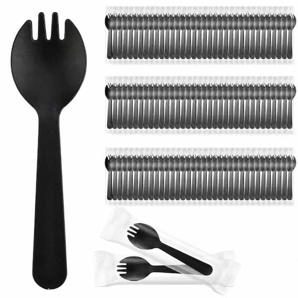 200-Pack 4.5 in. Individually Wrapped Black Disposable Plastic Sporks 2-in-1 Fork and Spoon for Party