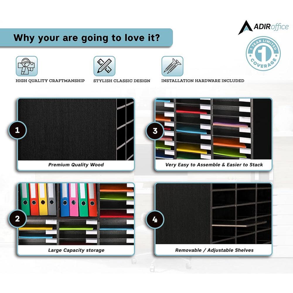 Black MDF 27-Compartment Adjustable Literature Organizer