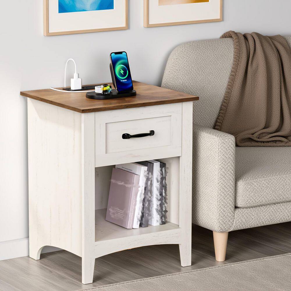 Farmhouse White 1-Drawer 17.7 in. W Nightstand with Charging Station
