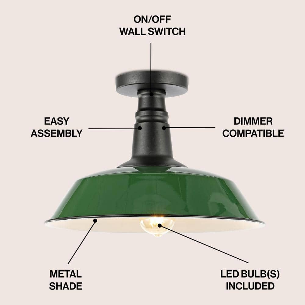 Camila 14" Green/Black Industrial LED Ceiling Light for Indoor/Outdoor