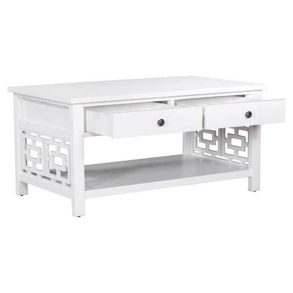 Donason 41.70 in. White Small Rectangle Wood Coffee Table with 2-Drawers