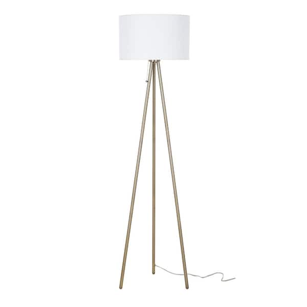 Tripod 61.25 in. Antique Brass 1-Light Tripod Floor Lamp with White Fabric Shade