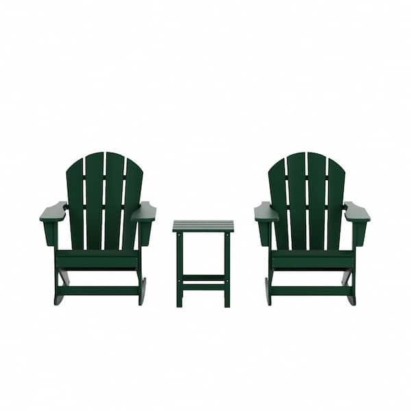 Laguna 3-Piece Fade Resistant Outdoor Patio HDPE Poly Plastic Adirondack Rocking Chairs and Side Table Set, Dark Green