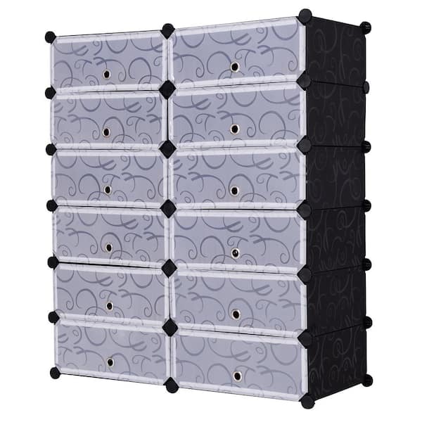 HONEY JOY 42.9 in. H x 37.4 in. W Black 12-Shelves Cubic PP Shoe Storage Cabinet Portable Closet Organizer