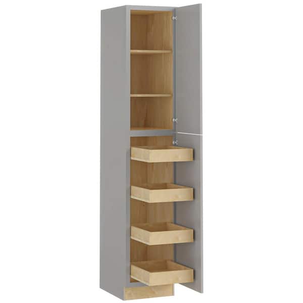 Home Decorators Collection Newport 18 in. W x 24 in. D x 90 in. H Assembled Plywood Pantry Kitchen Cabinet in Pearl Gray with 4ROT Soft Close RH