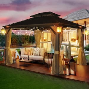 10 ft. x 12 ft. Brown Aluminium Alloy Hardtop Gazebo with Netting and Brown Curtain
