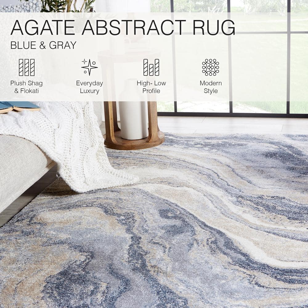 Orion Abstract Blue and Light Gray Shag Area Rug 5' x 7'