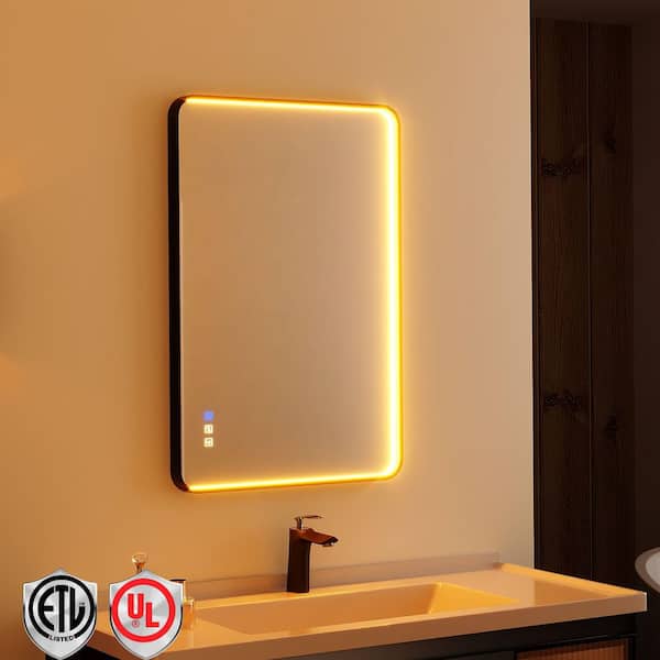ORGANNICE 36 in. W x 24 in. H Rectangular LED Aluminum Framed Modern Black Rounded Wall Mirror with Front Light