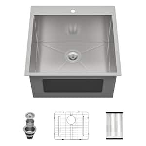 Kitchen 22 in. W x 22 in. D x 12 in. Drop-In Laundry/Utility Sink 16-Gague T304 Stainless Steel with Strain Basket
