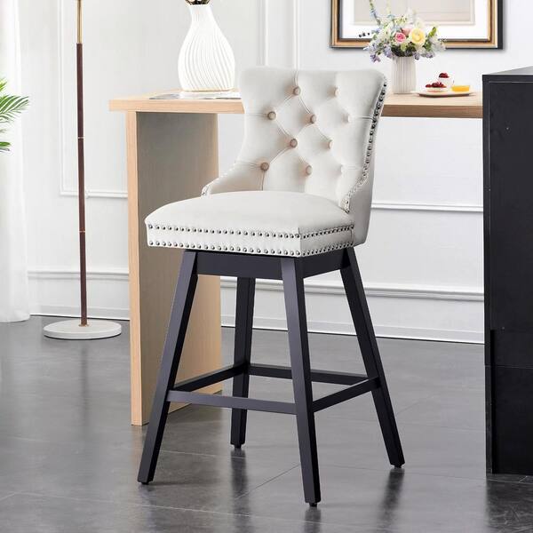 Hochwertiges 29 in. Beige Velvet Upholstered Solid Wood Frame Bar Height Swivel Bar Stool with Back (Set of 1)