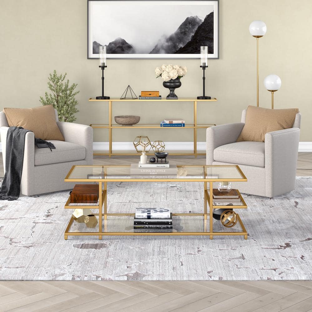 Greenwich 54'' Brass and Glass Modern Coffee Table