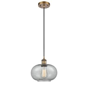 Gorham 1-Light Brushed Brass Shaded Pendant Light with Charcoal Glass Shade