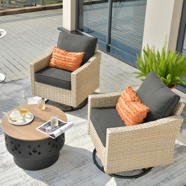 HOOOWOOO Oconee 3-Piece Wicker Patio Conversation Swivel Rocking Chair Set with a Wood-burning Fire Pit and Black Cushions