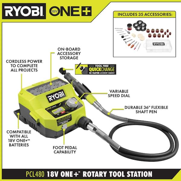 RYOBI ONE+ 18V Cordless Rotary Tool Station (Tool Only) with Rotary Tool 16-Piece Carving and Engraving Kit