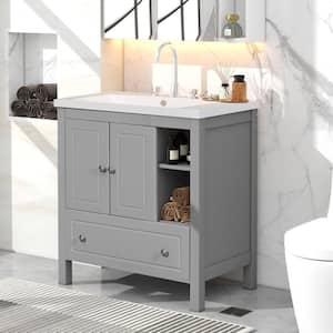 30 in. W x 18 in. D x 32.1 in. H Single Sink Freestanding Solid Wood Bath Vanity in Gray with White Ceramic Top