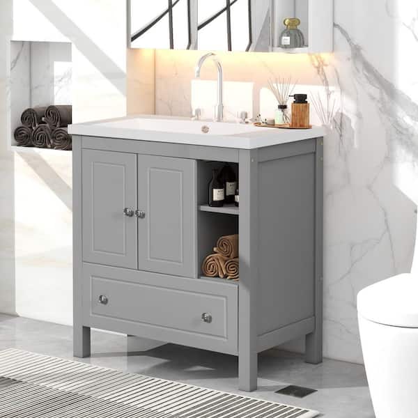 FAMYYT 30 in. W x 18 in. D x 32.1 in. H Single Sink Freestanding Solid Wood Bath Vanity in Gray with White Ceramic Top