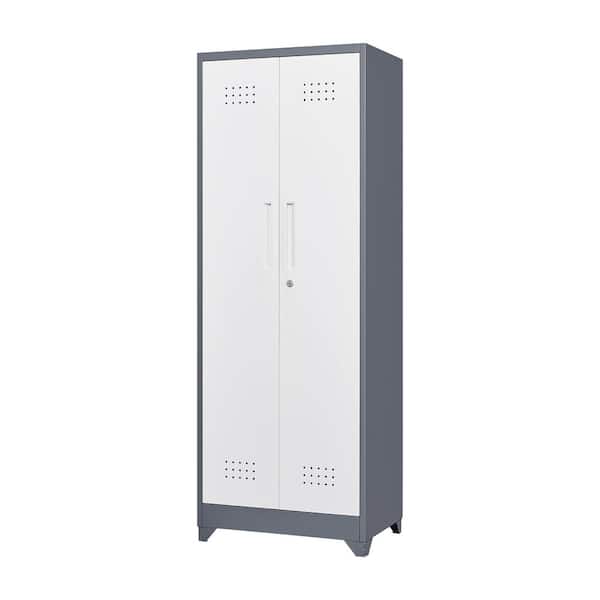 23.6 in. W x 15.7 in. D x 64.9 in. H Grey+White Metal Outdoor Storage Cabinet, Cleaning Tool Cabinets With Locking Doors