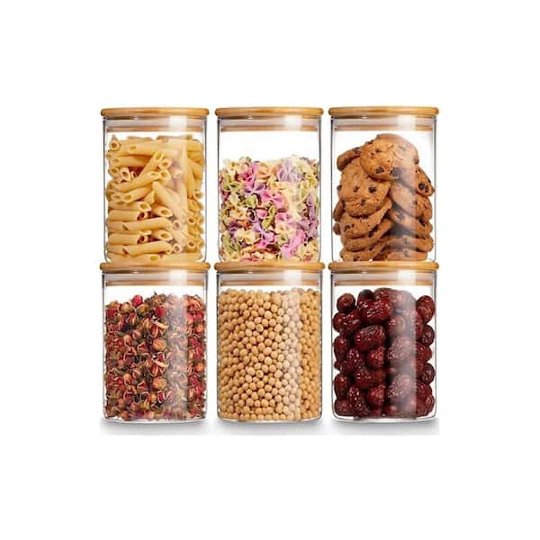 Airtight 6-Piece Glass Food Storage Jar Set Clear Kitchen Canisters with Bamboo Lid and Labels 27 oz.
