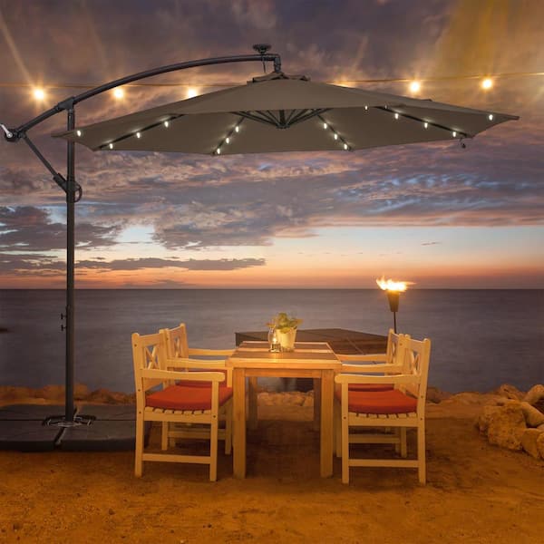 10 ft. Round Outdoor Patio Solar LED Lighted Cantilever Umbrellas in Taupe