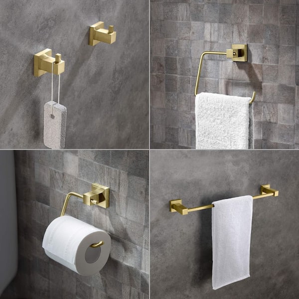 5-Piece Bathroom Hardware Set with Towel/Robe Hook Toilet Paper Holder Towel Ring Towel Bar/Rack in Brushed Gold