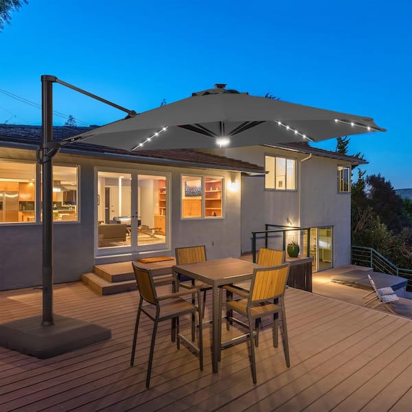 11 ft. LED Aluminum Cantilever Patio Umbrella with Outdoor Offset Rotation and a Base in Anthracite