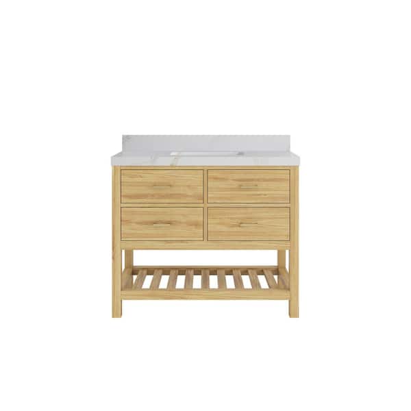 Willow Collections Parker Teak 42 in. Single Sink Freestanding Light Natural Bath Vanity with Calacatta Sienna Quartz Top Unassembled