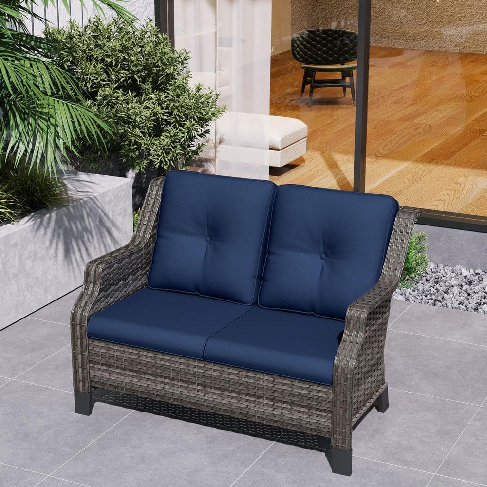 Brown Wicker Outdoor Patio Loveseat with Blue Cushions price history on PriceWatchPro