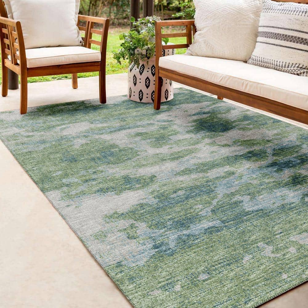 Green and Gray Abstract Chenille 8' x 10' Washable Rug