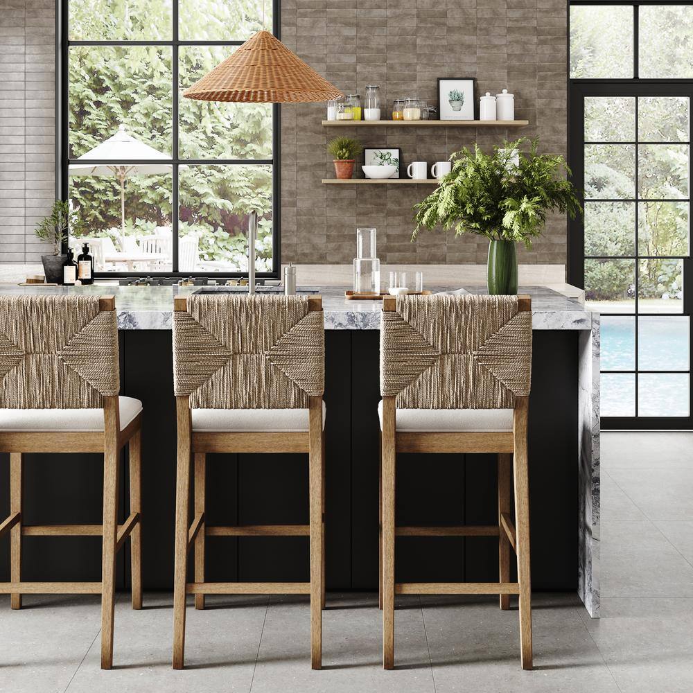 Beacon 29" Light Brown Rubberwood Bar Stool with Cream Boucle Seat