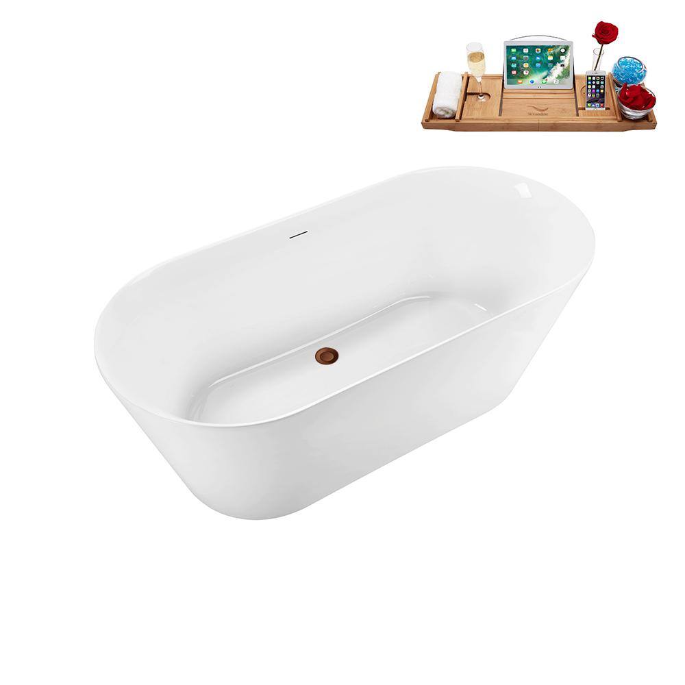 59.1'' White Acrylic Freestanding Soaking Bathtub with Tray