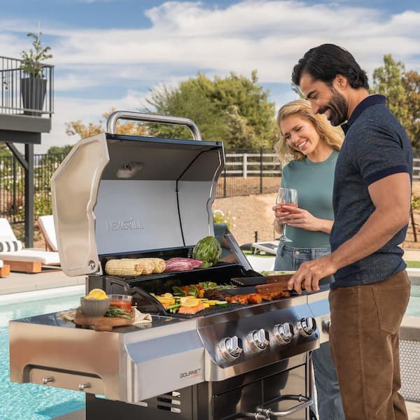 Gourmet Pro 4 Burner Propane Gas Grill with Side Burner in Black with Cover