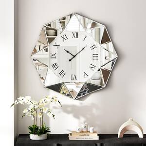 THKSHOUZ Sliver Analog Mirrored Glass Roman Numerals Wall Clock SF