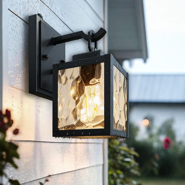 Minimalist 60 Watt Equivalent Matte Black Dusk to Dawn No Bulbs Included Outdoor Wall Light with Water-Patterned Glass