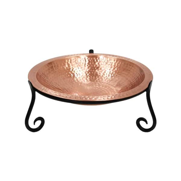 14 in. W Round Satin Hammered Solid Copper Birdbath Bowl Black Wrought Iron Short Stand Garden Accent Outdoor Accessory