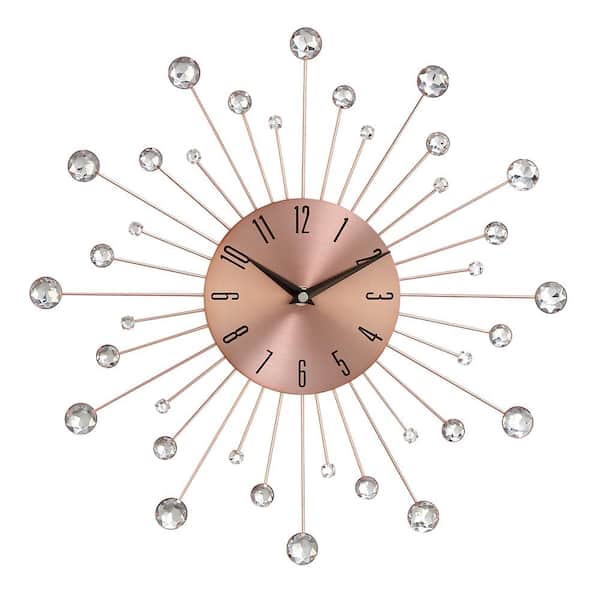 Litton Lane 15 in. x 15 in. Copper Metal Starburst Wall Clock with Crystal Accents