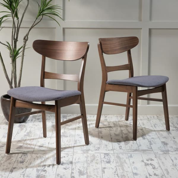 Exquisite Mid-Century Modern Natural Walnut and Dark Gray Dining Chairs with Curved Backrest, Upholstered Seat Set of 2