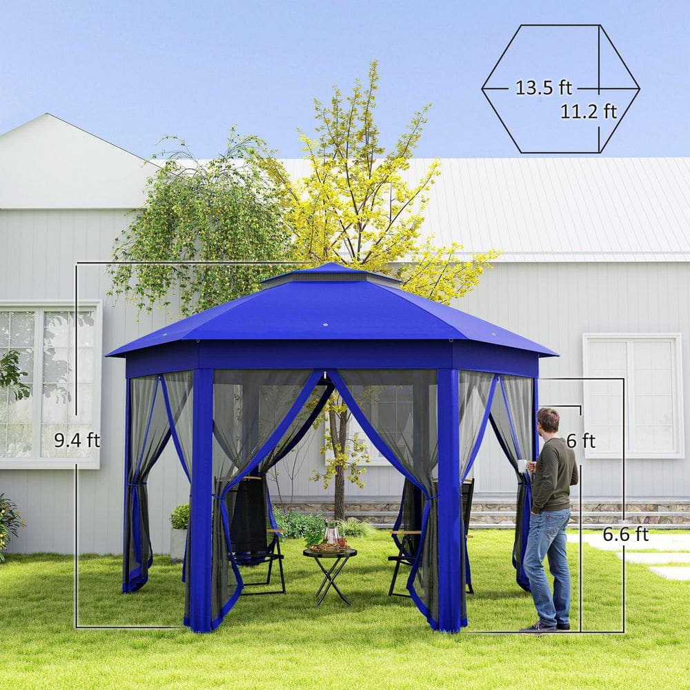 Dark Blue Steel Frame Hexagonal Pop-Up Gazebo with Mesh Netting
