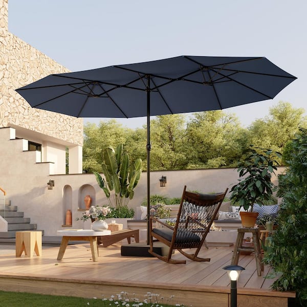 Unbranded 15 ft. Large Market Double Sided Umbrella Outdoor Patio Umbrella with Crank Handle for Poolside Lawn in Navy Blue