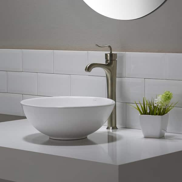 KRAUS Elavo 13.8 in. Round Vessel Bathroom Sink in White Vitreous China with Pop Up Drain in Brushed Nickel