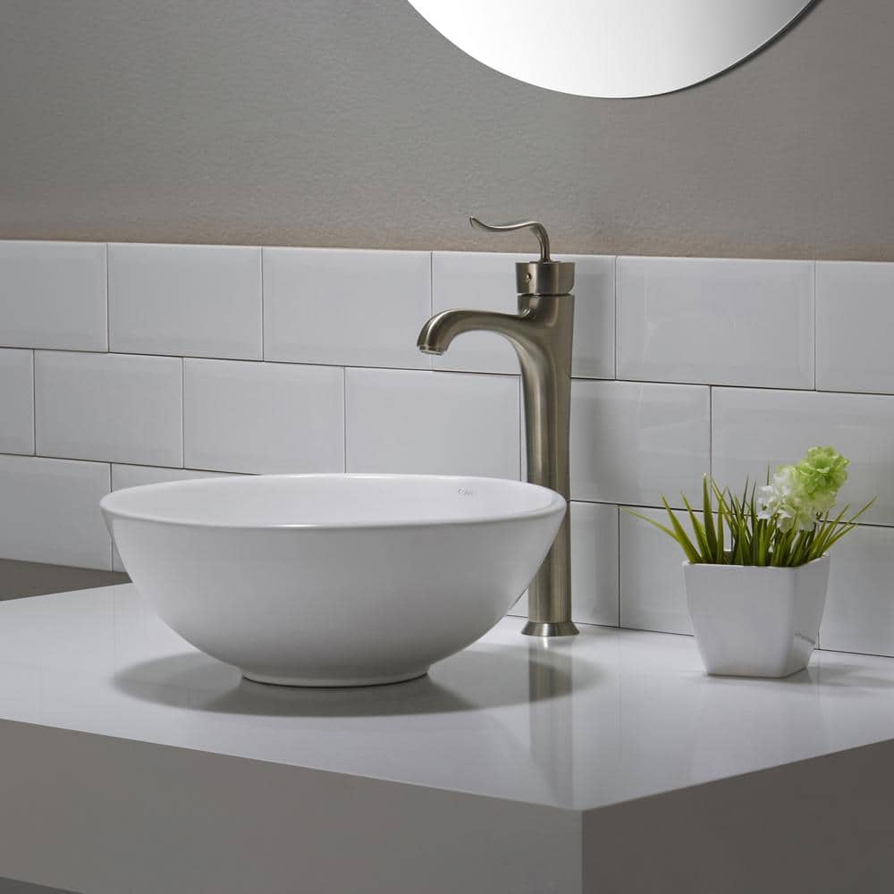 Elavo White Ceramic Round Vessel Sink with Oil Rubbed Bronze Drain