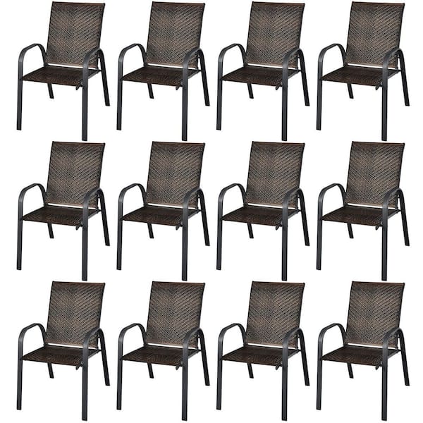 Costway Set of 12 Patio Rattan Dining Chairs Stackable Armrest Garden Mix Brown