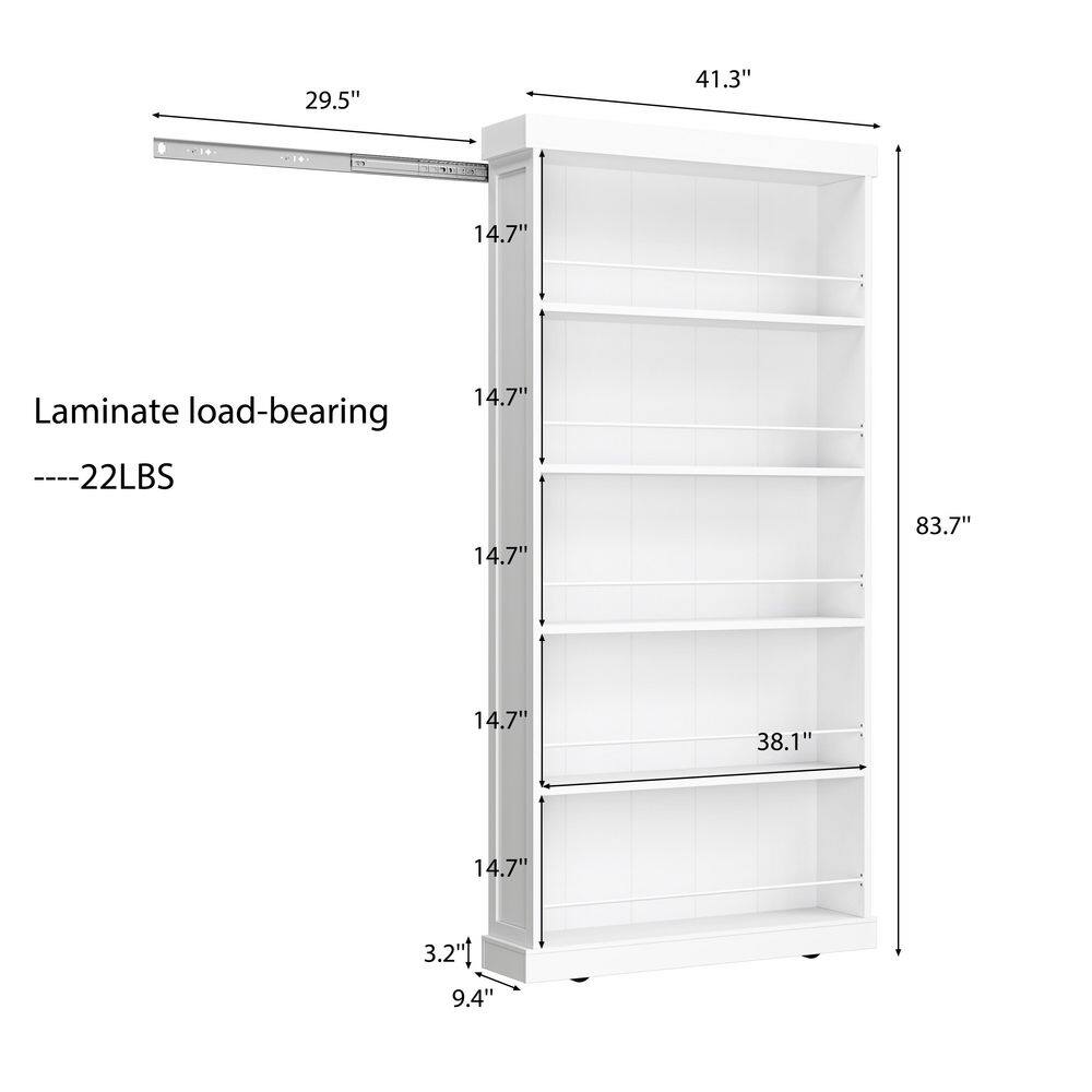 Diagram showing dimensions of the tall white bookcase.