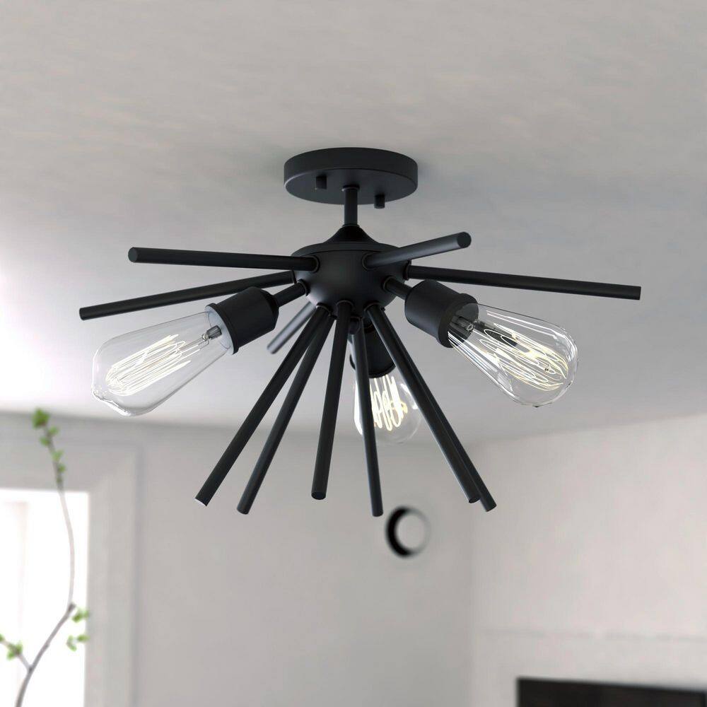 Estelle 3-Light 17 in. Wide Matte Black Mid-Century Modern Sputnik Semi Flush Mount Lighting Fixture, for Low Ceilings price history on PriceWatchPro