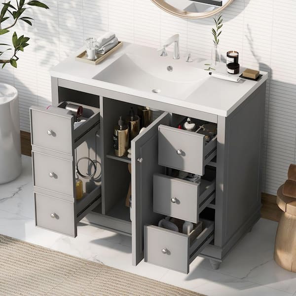 36 in. W x 18 in. D x 33.87 in. H Single Sink Freestanding Bath Vanity in Gray with White Ceramic Top and Cabinet