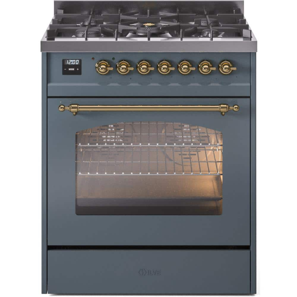 Nostalgie II 30 in. 5-Burner Freestanding Dual Fuel Range in Blue Grey with Brass Trim -  ILVE, UP30NMPBGG