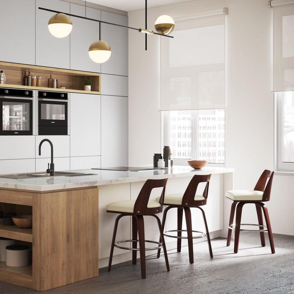 Cream Faux Leather and Walnut Wood Counter Stools, Set of 2