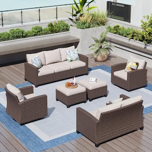 Brown Rattan Wicker 9 Seat 6-Piece Steel Patio Outdoor Sectional Set with Beige Cushions,2 Swivel Chairs,2 Ottomans